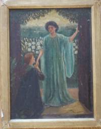Tuntematon taiteilija,&quot;Portilla&quot; öljymaalaus kankaalle sign Tomkins ? 1903  37x30  cm