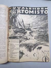 Kuvalehden kertomisto 1925 vuosikerta ym. lehtiä yhteissidoksena, kansikuvituskia mm. Eeli Jaatinen, kaikkien sidoksen lehtien kannet näkyvät kuvissa
