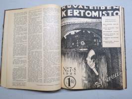 Kuvalehden kertomisto 1925 vuosikerta ym. lehtiä yhteissidoksena, kansikuvituskia mm. Eeli Jaatinen, kaikkien sidoksen lehtien kannet näkyvät kuvissa