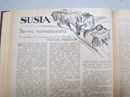 Kuvalehden kertomisto 1925 vuosikerta ym. lehtiä yhteissidoksena, kansikuvituskia mm. Eeli Jaatinen, kaikkien sidoksen lehtien kannet näkyvät kuvissa