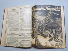 Kuvalehden kertomisto 1925 vuosikerta ym. lehtiä yhteissidoksena, kansikuvituskia mm. Eeli Jaatinen, kaikkien sidoksen lehtien kannet näkyvät kuvissa