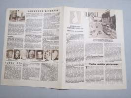 Turku - Piirroskartta + kuvitettu lehtiartikkeli paikkakunnasta, kuvittanut Aarne Nopsanen