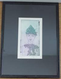 Ritva Hyyryläinen , &quot;Seppelpäinen&quot; värigrafiikka tpla 1 sign -91   kuva-ala 12x22  cm kehystetty
