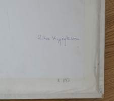 Ritva Hyyryläinen , &quot;Seppelpäinen&quot; värigrafiikka tpla 1 sign -91   kuva-ala 12x22  cm kehystetty