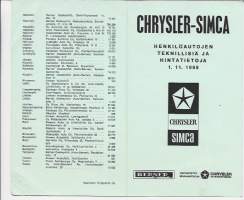 Chysler-Simca henkilöautojen teknillisiä ja hintatietoja 1969