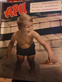 Apu 1958 nr 30 (26.7.1958) farssi uimarannalla, punaiset puolikuut, varokaa autohuijareita