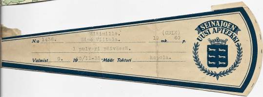 Seinäjoen Uusi Apteekki Seinäjoki  resepti  signatuuri  1935
