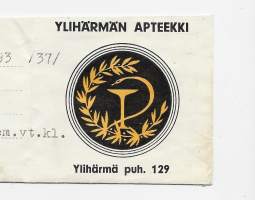 Ylihärmän  Apteekki Ylihärmä resepti  signatuuri  1965