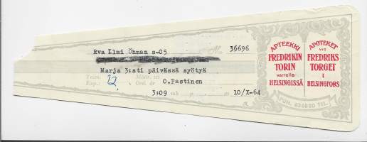 Apteekki Fredrikintorin varrella Helsingissä resepti  signatuuri  1964