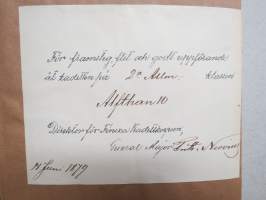 Samlade skrifter av Oskar Fredrik I-II ...åt kadetten 2a allm. klassen Alfthan ??, allekirjoitus General Major Frith. Neovius, 14 Juni 1879 -palkintokirjat