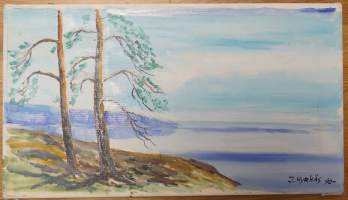 J Hyrkäs,   &quot;Maisema&quot; öljyvärimaalaus kankaalle sign J Hyrkäs -90    koko 30x53 cm kehystämätön