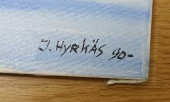 J Hyrkäs,   &quot;Maisema&quot; öljyvärimaalaus kankaalle sign J Hyrkäs -90    koko 30x53 cm kehystämätön