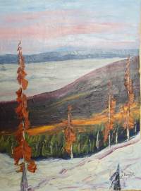 J Kemppi,   &quot;Talvinen vaaramaisema&quot; öljyvärimaalaus kankaalle sign J Kemppi.    koko 45x35 cm kehystämätön