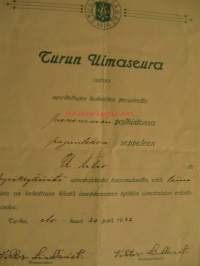 Turun Uimaseura - U. Autio -uimaseuran todistus 20.8.1922