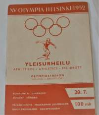 XV Olympia Helsinki 1952 Yleisurheilu ohjelma 20.7.
