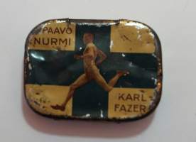 Paavo Nurmi pastillirasia - tyhjä tuotepakkaus peltiä 5x4x1 cm sisällä metallinappeja
