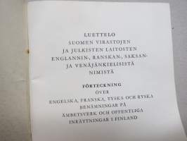 Luettelo Suomen virastojen ja julkisten laitosten englannin-, ranskan-, saksan- ja venänjänkielisistä nimistä - förteckning över engelska, franska, tyska och ryska..