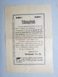 Tiedoksianto - Vaatemyymälä 1 Aningaistenkadun warrella narinkassa... on muuttanut paikkaan nr 14..., Turku 12.2.1897