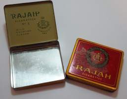 Rajah , tyhjä tupakka-aski, tupakkaetiketti, tuotepakkaus peltiä 7x8x1,5 cm valm 1924-41 käyttämätön