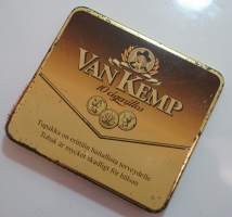 Van Kemp   - sikarilaatikko peltiä , koko 9x9x1  cm täynnä postimerkkejä