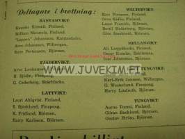 program vid I.K: Björnens Internationella Brottningstävlingar 1939 -painikilpailun ohjelma, mukana suomalaispainijoita Kauko Kiisseli, William Maunula