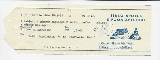 Sipoon Apteekki Sipoo  resepti  signatuuri  1966