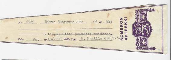 Someron  Apteekki Somero  resepti  signatuuri  1944