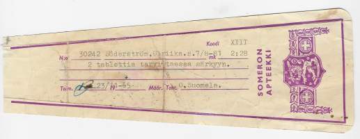Someron  Apteekki Somero  resepti  signatuuri  1965