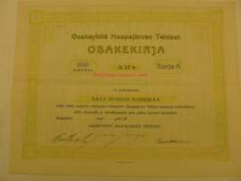 Haapajärven Tehtaat Oy, Haapajärvi, Sarja A - 100 markkaa, osakekirja nr 37, allekirjoitettu, mutta päiväämättä ja nimeämättä jätetty -share certificate