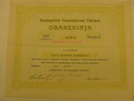 Haapajärven Tehtaat Oy, Haapajärvi, Sarja A - 100 markkaa, osakekirja nr 37, allekirjoitettu, mutta päiväämättä ja nimeämättä jätetty -share certificate
