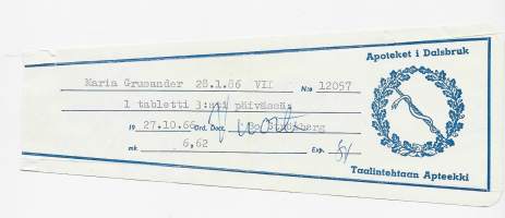 Taalintehtaan Apteekki T Dalsbruk resepti  signatuuri  1966