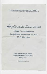 Lahden seudun Pohjalaiset ry - Hengellinen ilta sanan ääressä 1949 - käsiohjelma