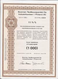 Suomen Teollisuuspankki Oy, teollisuusobligaatiolaina I vuodelta 1982  Litt A 1 000,- 11,75  %  Helsinki 1.2.1982, obligaatio