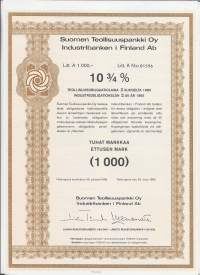 Suomen Teollisuuspankki Oy, teollisuusobligaatiolaina II vuodelta 1985  Litt A 1 000,- 10,75  %  Helsinki 25.3.1985, obligaatio