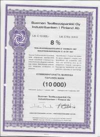 Suomen Teollisuuspankki Oy, teollisuusobligaatiolaina III vuodelta 1987  Litt C 10 000,-  7,50 %  Helsinki 7.9.1987, obligaatio