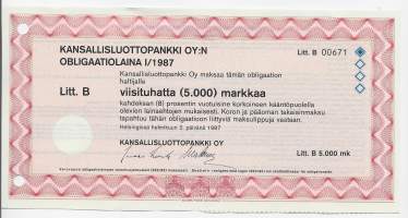 Kansallisluottopankki Oy, obligaatiolaina1/1987  Litt B 5 000 markkaa  Helsinki 2.2.1987
