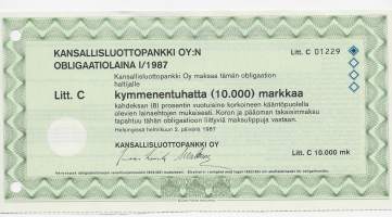 Kansallisluottopankki Oy, obligaatiolaina1/1987  Litt C 10 000 markkaa  Helsinki 2.2.1987