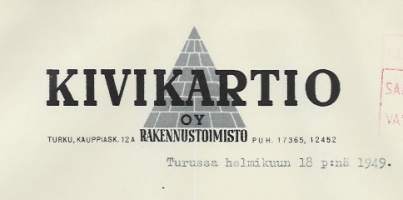 Kivikartio Oy Rakennustoimisto 1949 -   firmalomake