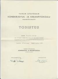Turun Systeman Konekirjoitus- ja Kirjanpitokoulu Turku  - todistus 1947