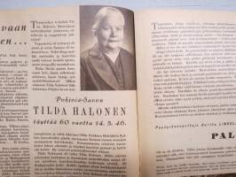 Kotiliesi 1946 nr 10, 10.5.1946, Kansik. Martta Wendelin, Presidentinlinnan arki, Messuvieraan muistikuvia (huonekalut, lamput), Mitä maalaisemäntä väelleen tarjoaa