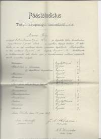 Päästötodistus Turun kaupungin kansakouluista 1909  todistus