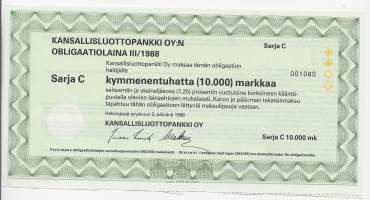 Kansallisluottopankki Oy, obligaatiolaina III/1988  Sarja C 10 000 markkaa  Helsinki 5.9.1988
