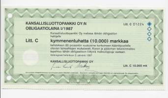 Kansallisluottopankki Oy, obligaatiolaina I/1987  Litt C 10 000 markkaa  Helsinki 2.2.1987