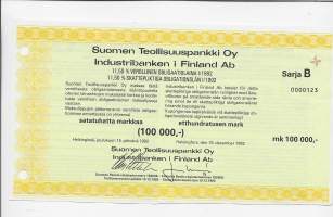 Suomen Teollisuuspankki Oy, 11,50 % verollinen obligaatiolaina I/1992  Sarja B 100 000 markkaa  Helsinki 15.12.1992