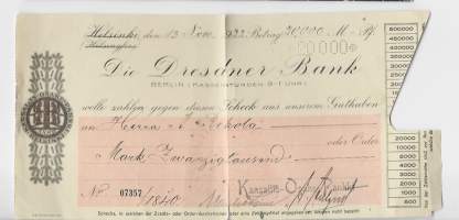 Die Dresdner Bank Berlin / Kansallis-Osake Pankki 1922 shekki