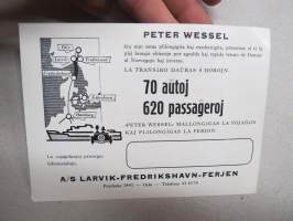 Auto-Pramsipo &quot;Peter Wessel&quot; Danujo-Norvegujo - A/S Larvik-Fredrikshavn-Ferjen, Tabelo de veturoj 1958 -esperantonkielinen autolauttaesite / aikataulu
