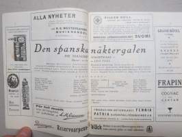 Svenska Teatern Helsingfors program spelåret 1933-34 Den spanska näktergalen, Hans nåds testamente, Vildfåglar, Polskt blod, Cyrano de Bergerac -käsiohjelma