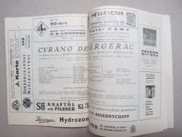 Svenska Teatern Helsingfors program spelåret 1933-34 Den spanska näktergalen, Hans nåds testamente, Vildfåglar, Polskt blod, Cyrano de Bergerac -käsiohjelma