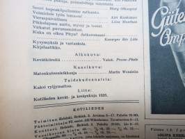 Kotiliesi 1935 nr 6, kansikuva Martta Wendelin, Mikä on ihmiselle tärkeintä elämässä?, Perheenemäntä kotiapulaisensa työnjohtajana, Työhulluus, Kultatähkäpäivä!, ym.