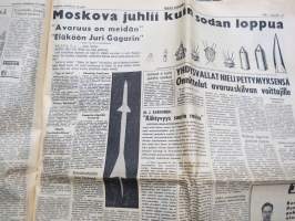 Uusi Suomi 1961, 13.4.1961, Juri Gagarin - Neuvostomajuri kiersi maapallon avaruudessa, Adolf Eichmann oikeudessa, ym.